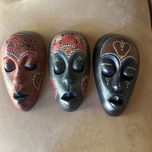 Wood Handcrafted Tribal Wall Mask Sculpture Set - Brown, Green, Black